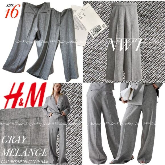 NWT H&M Gray Melange Drapey Creased High Waisted Wide Leg Trouser Dress Pants 16 - Picture 1 of 12